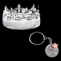 Fleur de Lis Crown With White Fur and Prom Stars Key Chain Set