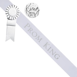 Prom King White/Silver Sash - Rosette and Button