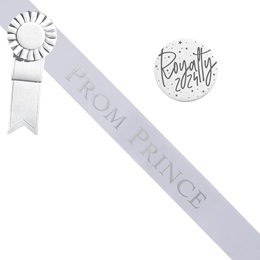 Prom Prince White/Silver Sash - Rosette and Button
