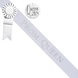 Prom Queen White/Silver Sash - Rosette and Button