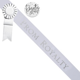 Prom Royalty White/Silver Sash - Rosette and Button