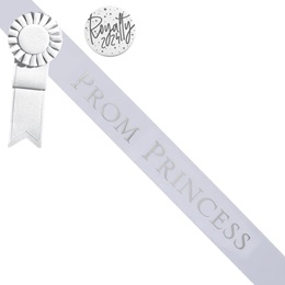 Prom Princess White/Silver Sash - Rosette and Button