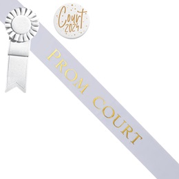 Prom Court White/Gold Sash - Rosette and Button