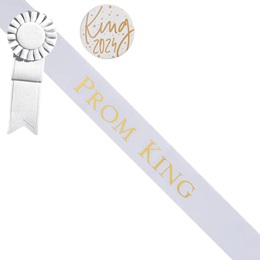 Prom King White/Gold Sash - Rosette and Button