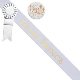 Prom Prince White/Gold Sash - Rosette and Button