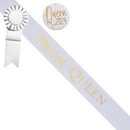 Prom Queen White/Gold Sash - Rosette and Button