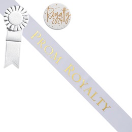Prom Royalty White/Gold Sash - Rosette and Button