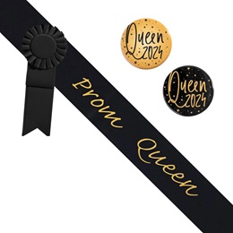 Prom Queen Black/Gold Sash - Rosette and Button