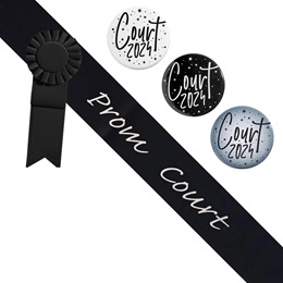 Prom Court Black/Silver Sash - Rosette and Button