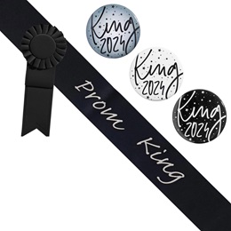 Prom King Black/Silver Sash - Rosette and Button