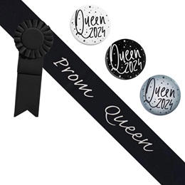 Prom Queen Black/Silver Sash - Rosette and Button