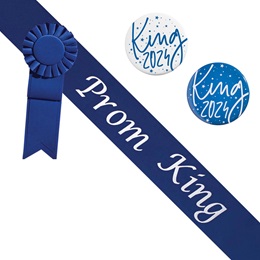 Prom King Blue/White Sash - Rosette and Button