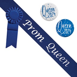 Prom Queen Blue/White Sash - Rosette and Button