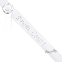 Prom Court Sash with Rosette and Pin - White/Silver