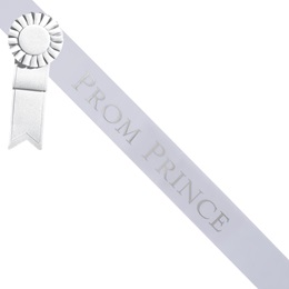 Prom Prince White Sash - Silver Script & Rosette