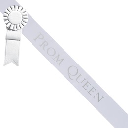 Prom Queen White Sash - Silver Script & Rosette