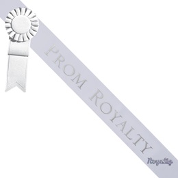 Prom Royalty Sash with Rosette and Pin - White/Silver
