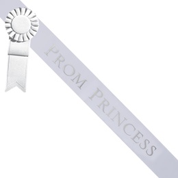 Prom Princess White Sash - Silver Script & Rosette