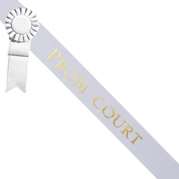 Prom Court White Sash - Gold Script & Rosette