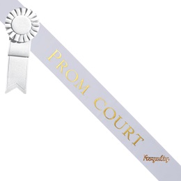 Prom Court Sash with Rosette and Pin - White/Gold