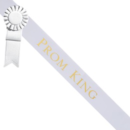 Prom King White Sash - Gold Script & Rosette