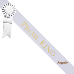 Prom King Sash With Rosette and Pin - White/Gold