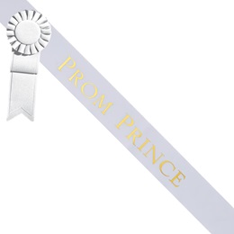 Prom Prince White Sash - Gold Script & Rosette