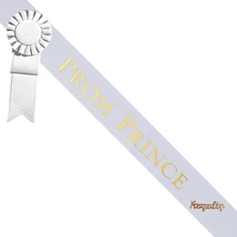 Prom Prince Sash With Rosette and Pin - White/Gold