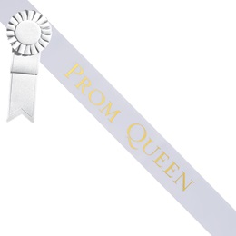 Prom Queen White Sash - Gold Script & Rosette