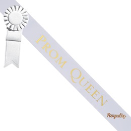 Prom Queen Sash with Royalty Pin - White/Gold
