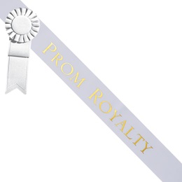 Prom Royalty White Sash - Gold Script & Rosette