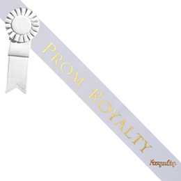 Prom Royalty Sash With Rosette and Pin - White/Gold
