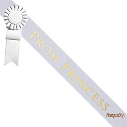 Prom Princess Sash With Rosette and Pin - White/Gold