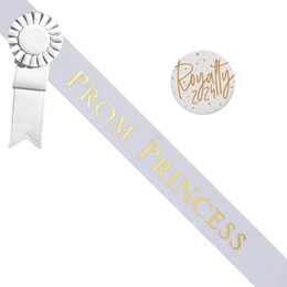 Prom Princess White/Gold Sash - Rosette and Button