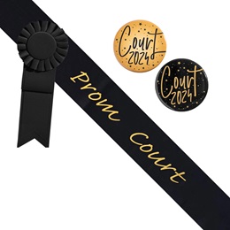Prom Court Black/Gold Sash - Rosette and Button