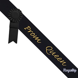 Prom Queen Sash With Rosette and Pin - Black/Gold