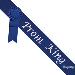 Prom King Sash With Rosette and Pin - Blue/White