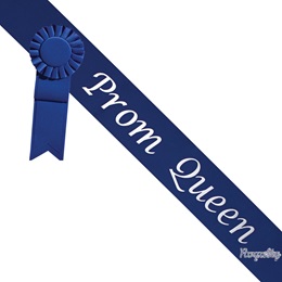 Prom Queen Sash With Rosette and Pin - Blue/White